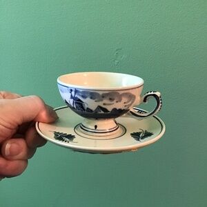 Delft Blue Hand Painted Holland Teacup Saucer Landscape Windmill Scenic‎ Vintage